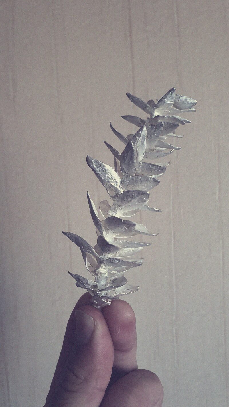 A small araucaria branch cast in silver, held up between a thumb and finger against a pale wall, every spiky leaf kept in the metal.